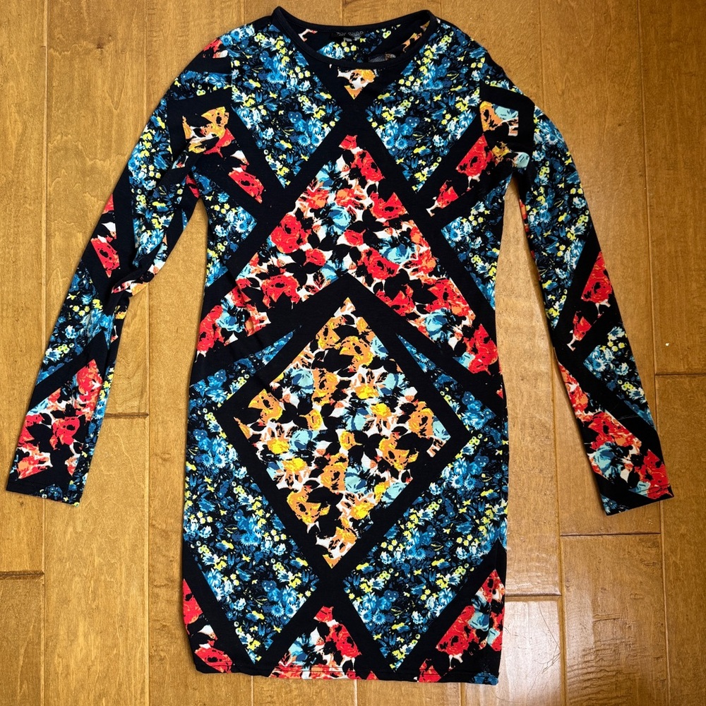 Topshop Longsleeve Mini Bodycon Dress black lines with blue red & yellow florals